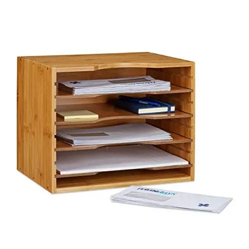Produktbild: Relaxdays Briefablage aus Bambus HBT: ca. 26 x 33 x 24,5 cm Ablagesystem für den Schreibtisch Dokumentenablage mit 4 variablen Einlegeböden Papierablage aus Holz für Briefe und Unterlagen, natur