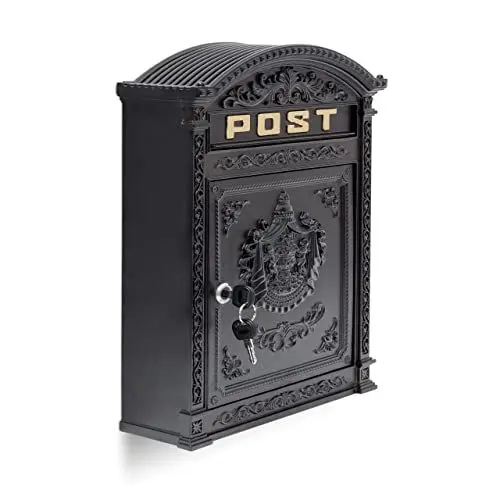 Produktbild: Relaxdays Briefkasten Antik Englischer Wandbriefkasten aus Aluguss mit breitem Briefschlitz für DIN A4 Umschläge HBT: 44,5 x 31 x 9,5 cm nostalgischer Postkasten mit rundem Dach, schwarz