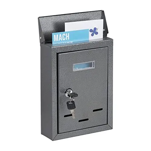 Produktbild: Relaxdays Briefkasten mit Namensschild, aus Metall, mit 2 Schlüsseln, Postkasten schmal, HxBxT: 26,5 x 19 x 6,5 cm, grau