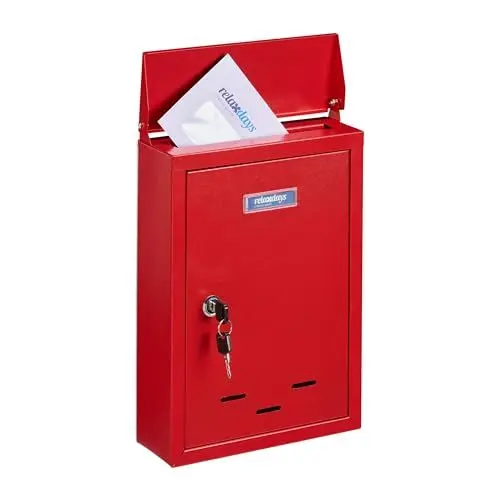 Produktbild: Relaxdays Briefkasten mit Namensschild, aus Metall, mit 2 Schlüsseln, Postkasten schmal, HxBxT: 35,5 x 24 x 9 cm, rot, 1 Stück