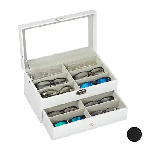 Produktbild: Relaxdays Brillenbox 12 Brillen, Aufbewahrung Sonnenbrillen, HBT: 15,5 x 33,5 x 19,5 cm, Kunstleder Brillenkoffer, weiß