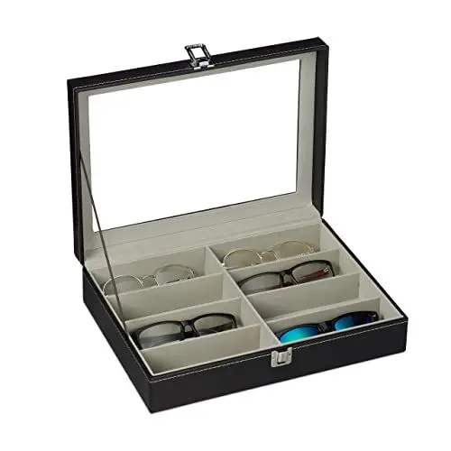 Produktbild: Relaxdays Brillenbox für 8 Brillen, Aufbewahrung Sonnenbrillen, 8,5 x 33,5 x 24,5 cm, Kunstleder Brillenkoffer, schwarz