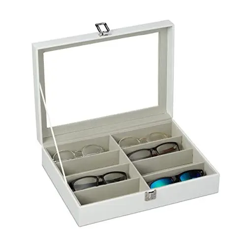 Produktbild: Relaxdays Brillenbox für 8 Brillen, Aufbewahrung Sonnenbrillen, HBT 8,5 x 33,5 x 24,5 cm, Kunstleder Brillenkoffer, weiß