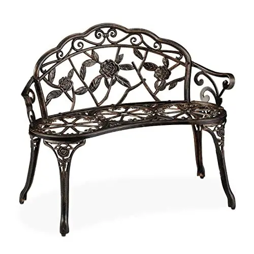 Produktbild: Relaxdays Gartenbank, 2 Sitzer, Rosen, Terrasse, Balkon, Alu & Gusseisen, antike Sitzbank, HBT: 78 x 99 x 52 cm, Bronze