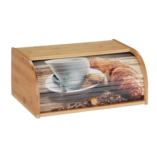 Produktbild: Relaxdays Brotkasten Bambus, Rolldeckel mit Motiv, aromadichte Brotaufbewahrung, mit Ablagefläche, HBT 17x40x27cm, natur