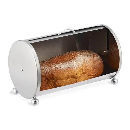 Produktbild: Relaxdays Brotkasten aus Edelstahl, runde Brot Aufbewahrungsbox, H x B x T: 21 x 36,5 x 20 cm, Brotaufbewahrung, Silber