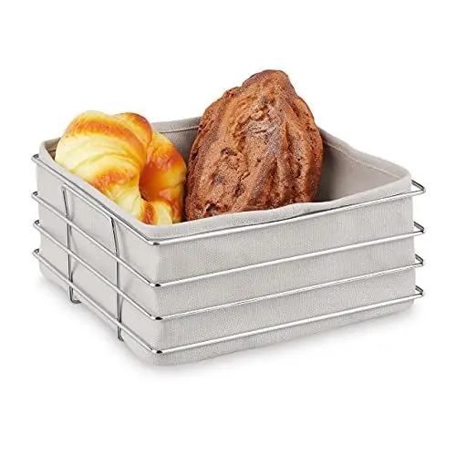 Produktbild: Relaxdays Brotkorb Metall, mit Stoffeinsatz, moderner Brötchenkorb, Frühstückskorb Edelstahl, HBT: 10,5x23x23 cm, grau