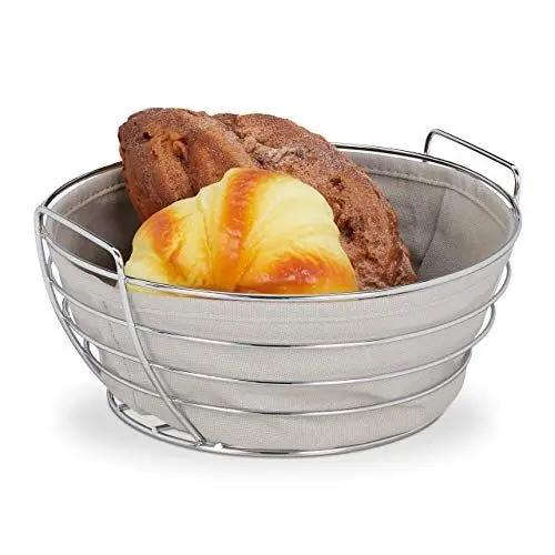 Produktbild: Relaxdays Brotkorb Metall, mit entnehmbarem Stoffeinsatz, rund, Frühstückskorb für Brot & Brötchen, Ø 23 cm, grau