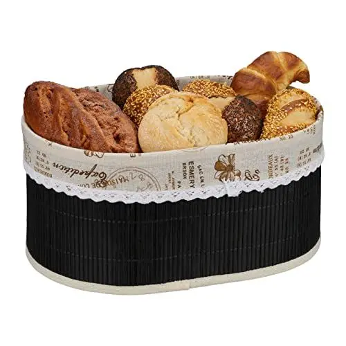 Produktbild: Relaxdays Brotkorb, Paris Design, Bambus, abnehmbare Stoffeinlage, HBT: 16 x 34 x 24 cm, ovaler Frühstückskorb, schwarz