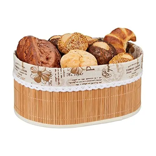 Produktbild: Relaxdays Brotkorb, Paris Design, Bambus, abnehmbare Stoffeinlage, HxBxT: 16 x 34 x 24 cm, ovaler Frühstückskorb, natur