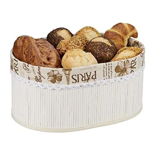 Produktbild: Relaxdays Brotkorb, Paris Design, Bambus, abnehmbare Stoffeinlage, HxBxT: 16 x 34 x 24 cm, ovaler Frühstückskorb, weiß