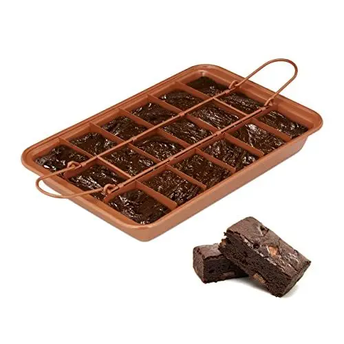 Produktbild: Relaxdays Brownie Backform, mit Trennwand & Hebeboden, antihaftbeschichtet, Brownieform für 18 Stück, Carbonstahl, braun