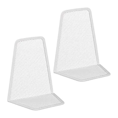 Produktbild: Relaxdays Buchstütze, 2er-Set, modernes Mesh-Design, Bücher und Ordner, Buchhalter HxBxT: 14 x 12 x 9 cm, Metall, weiß