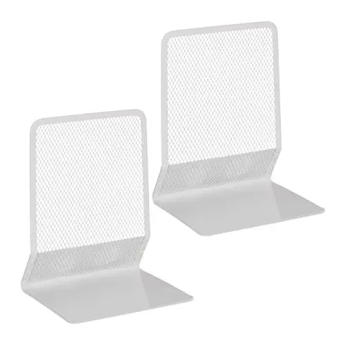 Produktbild: Relaxdays Buchstütze, 2er-Set, modernes Mesh-Design, Bücher und Ordner, Buchhalter HxBxT: 17x13,5x10,5 cm, Metall, weiß
