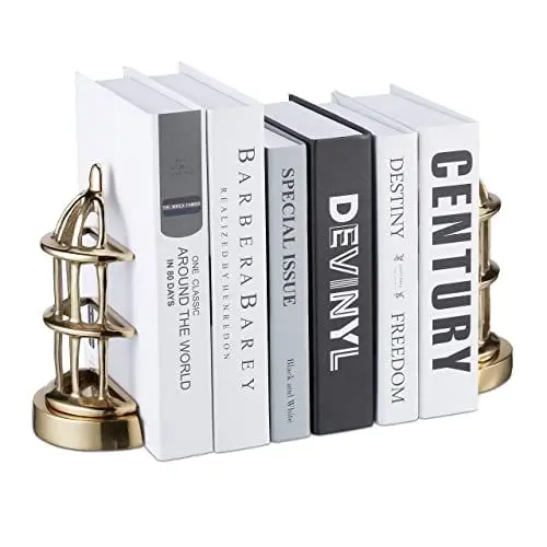 Produktbild: Relaxdays Buchstütze Vogelkäfig, 2er Set, dekorative Bücherhalterung für Regale, Metall, HxBxT: 20 x 7 x 11,5 cm, Gold