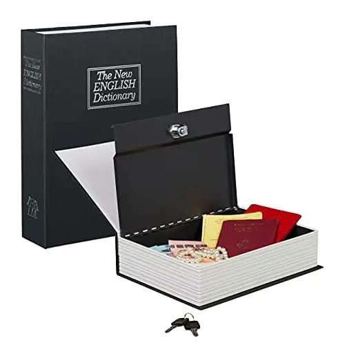 Produktbild: Relaxdays Buchtresor groß, verschließbar, Stahlkassette, mit 2 Schlüsseln, Geldkassette HxBxT: 27 x 20 x 6,5 cm, schwarz