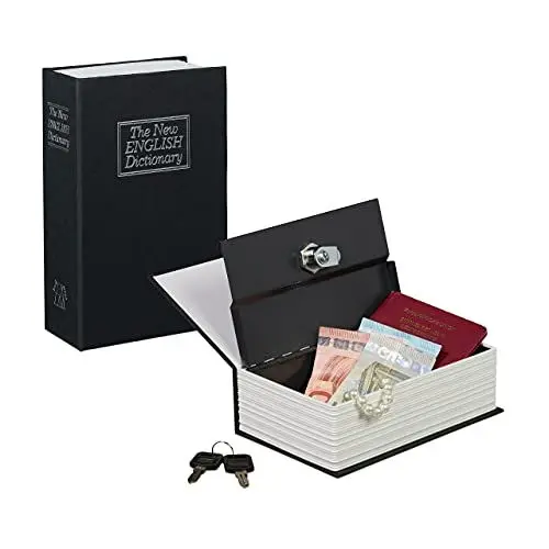 Produktbild: Relaxdays Buchtresor mit Schlüssel, klein, in Taschenbuchgröße, Stahlfach, HBT: 18 x 11,5 x 5,5 cm, Buchsafe, schwarz