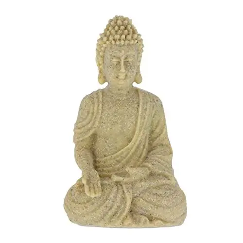 Produktbild: Relaxdays Buddha Figur sitzend 18cm, Dekofigur für Wohnzimmer und Bad, feuchtigkeitsresistent, Kunststein, Sand