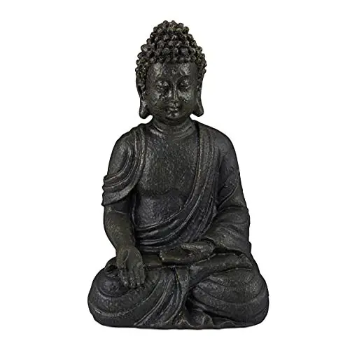 Produktbild: Relaxdays Buddha Figur sitzend 18cm, Dekofigur für Wohnzimmer und Bad, feuchtigkeitsresistent, Kunststein, dunkelgrau