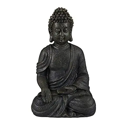 Produktbild: Relaxdays Buddha Figur sitzend, 30 cm, Gartenfigur, Dekofigur Wohnzimmer, Polyresin, wetterfest, frostsicher, dunkelgrau