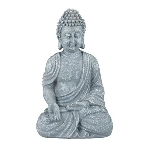 Produktbild: Relaxdays Buddha Figur sitzend, 30 cm, Gartenfigur, Dekofigur Wohnzimmer, Polyresin, wetterfest, frostsicher, hellgrau