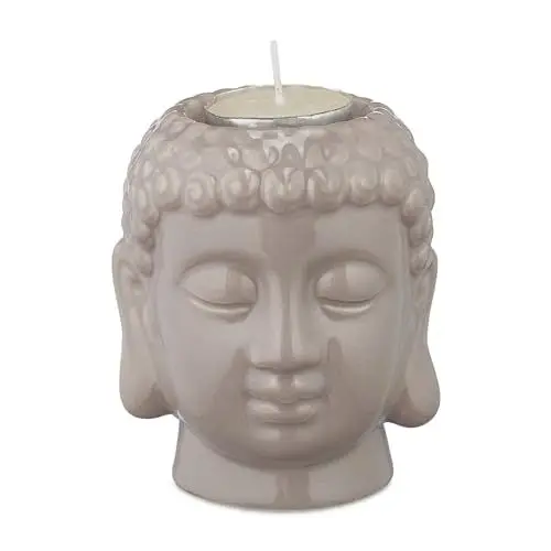 Produktbild: Relaxdays Buddha Teelichthalter, Keramik, Buddha-Kopf für Teelicht, Zen-Deko für Wohnzimmer & Bad, Feng Shui Deko, grau, 1 Stück
