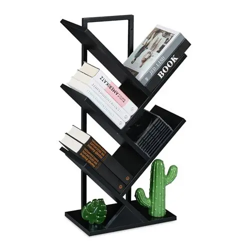 Produktbild: Relaxdays Bücherregal, 4 Ebenen, HxBxT: 71 x 40 x 21,5 cm, Baum-Design, Bücher, CDs, Dekoregal, Wohnzimmerregal, schwarz