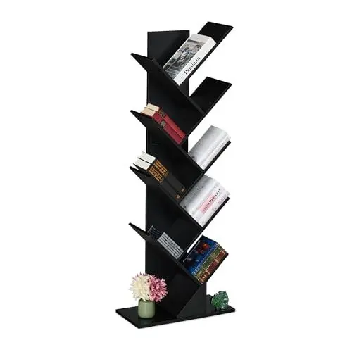 Produktbild: Relaxdays Bücherregal, 9 Ebenen, HBT: 138 x 51 x 25 cm, Baum-Design, Bücher, CDs, Dekoregal, Wohnzimmerregal, schwarz