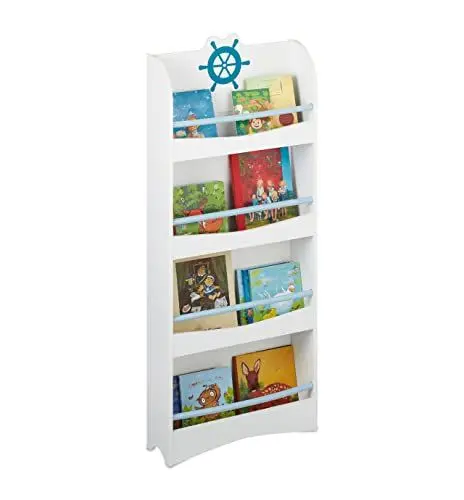Produktbild: Relaxdays Bücherregal Kinder, HBT 124 x 50,5 x 15 cm, 4 Fächer, MDF, maritimes Kinderbücherregal, Kinderregal, weiß/blau