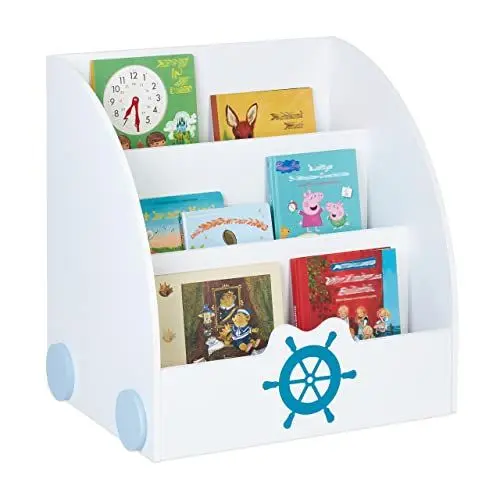 Produktbild: Relaxdays Bücherregal Kinder, HBT: 60 x 58 x 45 cm, 3 Fächer, MDF, maritimes Kinderbücherregal, Kinderregal, weiß/blau