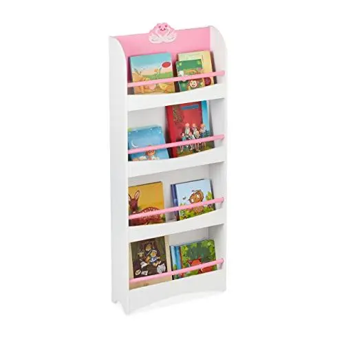 Produktbild: Relaxdays Bücherregal Kinder, HxBxT: 124 x 50,5 x 15 cm, 4 Fächer, MDF, Kinderbücherregal mit Schwan-Motiv, weiß/rosa