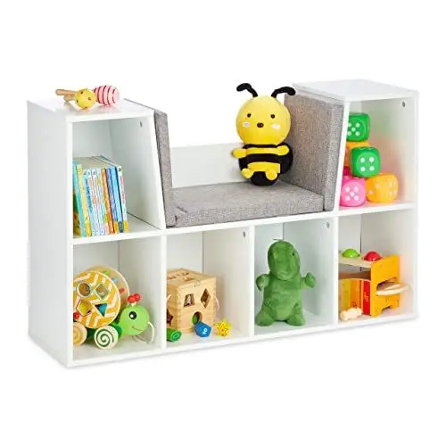 Produktbild: Relaxdays Bücherregal mit Sitzkissen, Kinderregal mit 6 Fächern, 63x103x30 cm, gepolstert, Sitzbank Kinderzimmer, weiß