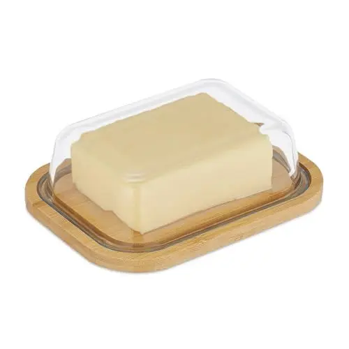 Produktbild: Relaxdays Butterdose, mit Deckel, Bambus & Glas, 250 g Butter, HxBxT: 5,5 x 19 x 14 cm, Butterschale, natur/transparent