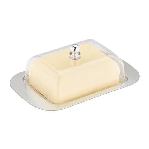 Produktbild: Relaxdays Butterdose, mit Deckel, Edelstahl & Kunststoff, 250 g Butter, 7x18,5x12 cm, Butterschale, Silber/transparent