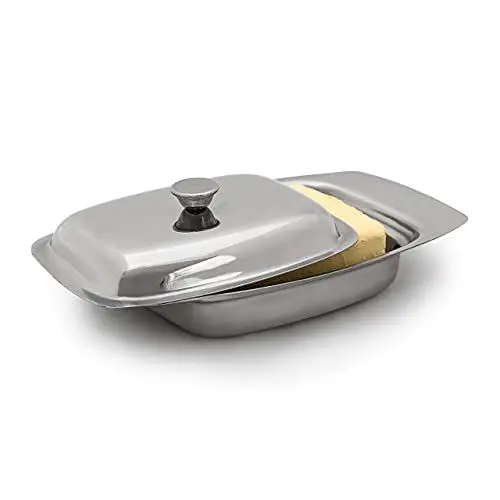 Produktbild: Relaxdays Butterdose mit Griff 6 x 19,5 x 13 cm HxBxT, 250 g Butter Schale mit Butterglocke in Edelstahl-Optik, silber