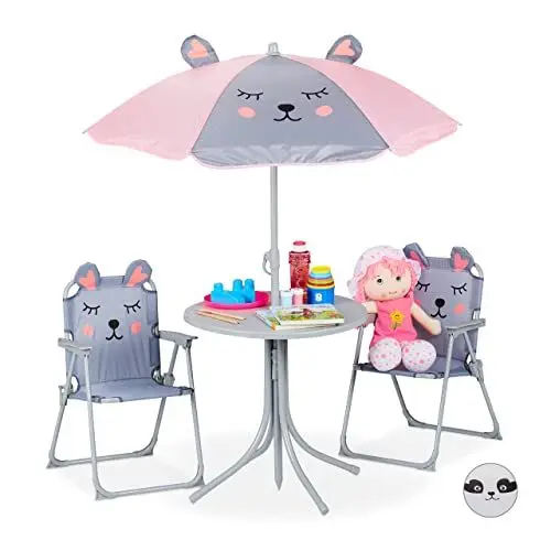 Produktbild: Relaxdays Camping Kindersitzgruppe, Maus Motiv, Kindersitzgarnitur mit Sonnenschirm, Klappstühlen & Tisch, Garten, grau