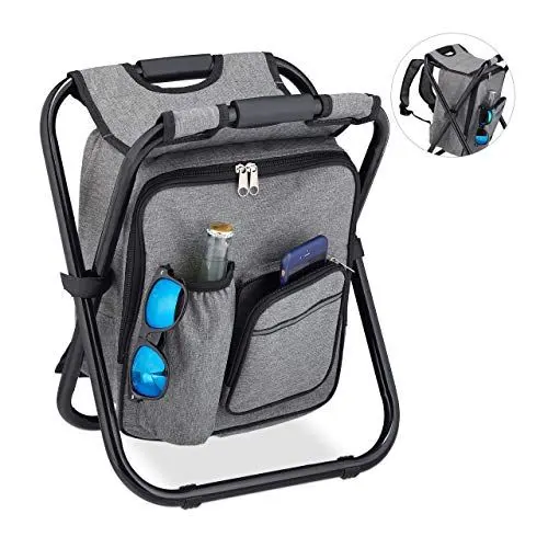 Produktbild: Relaxdays Campinghocker mit Tasche, klappbar, tragbar, leicht & stabil, Sitzrucksack, Polyester, HBT: 43x35x29 cm, grau