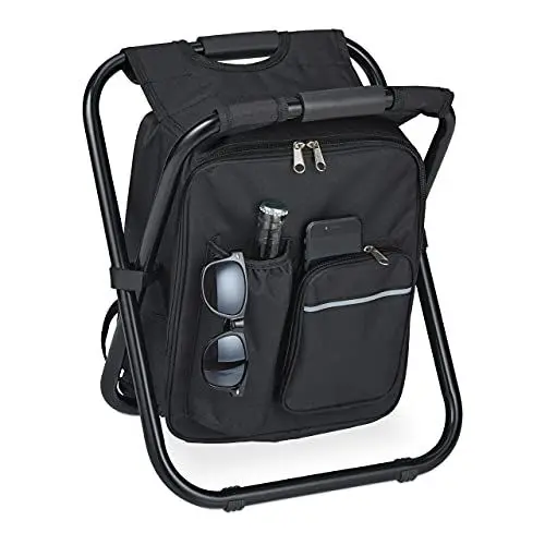 Produktbild: Relaxdays Campinghocker mit Tasche, klappbar, tragbar, leicht, stabil, HBT 42x35x29 cm, Sitzrucksack, Polyester, schwarz