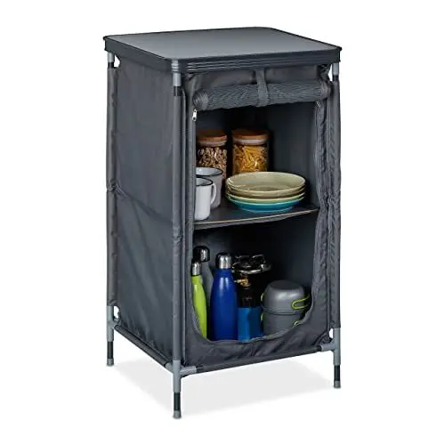 Produktbild: Relaxdays Campingschrank mit 2 Ablagen, HBT: 87x47,5x47,5 cm, Campingregal mit Tischaufsatz, Stauraum im Vorzelt, grau