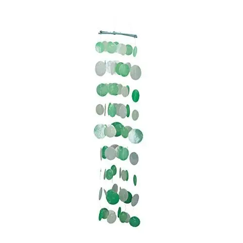 Produktbild: Relaxdays Capiz Windspiel mit Muschel-Girlanden, maritimes Holz Klangspiel für Garten, Fenster, 110 cm lang, grün-weiß