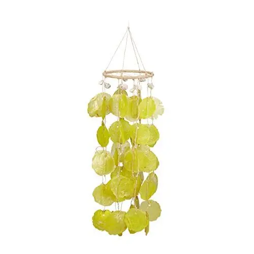 Produktbild: Relaxdays Capiz Windspiel mit Traumfängernetz, Klangspiel mit Muscheln, Gartendeko, 48 cm lange Capiz-Girlanden, gelb, 15.5 x 15.5 x 70 cm