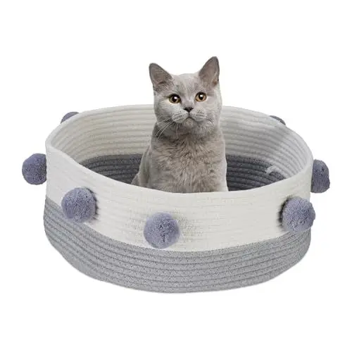 Produktbild: Relaxdays Cesta de algodón para Gatos Katzenbett, Katzen & kleine Hunde, HxD: 16,5 x 41 cm, Bommeln, Baumwolle, geflochtener Katzenkorb, grau/weiß