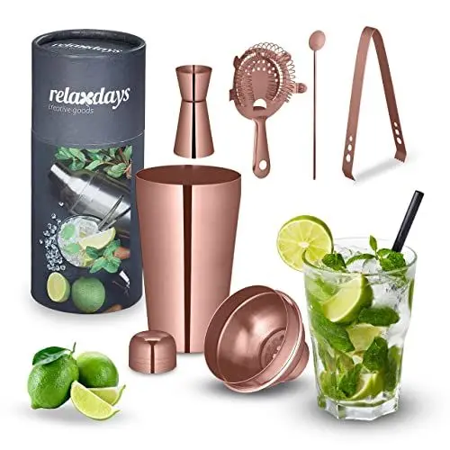 Produktbild: Relaxdays Cocktail Shaker Set, Edelstahl, 5-teiliges Bar Kit, 500 ml, Bar Zubehör für Zuhause, Cocktailmixset, Bronze