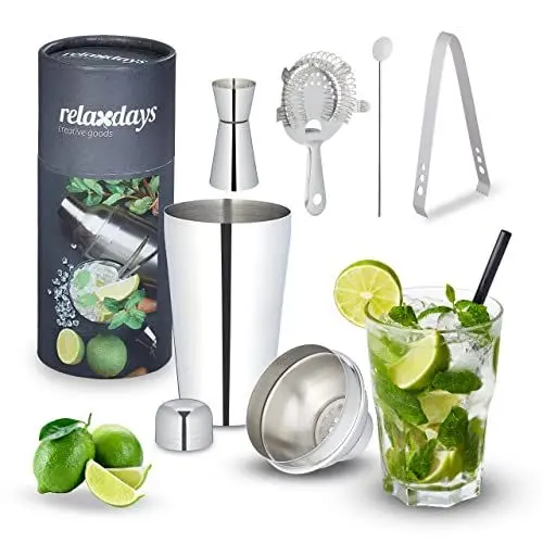 Produktbild: Relaxdays Cocktail Shaker Set, Edelstahl, 5-teiliges Bar Kit, 500 ml, Bar Zubehör für Zuhause, Cocktailmixset, Silber