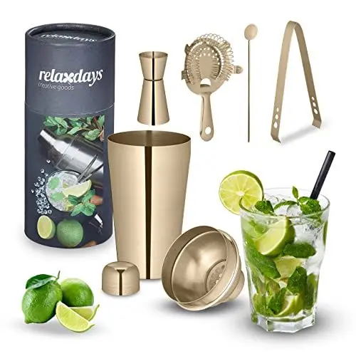 Produktbild: Relaxdays Cocktail Shaker Set, Edelstahl, 5-teiliges Bar Kit, 500 ml, Bar Zubehör für Zuhause, Cocktailmixset, Gold