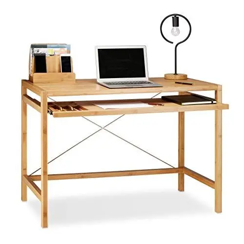 Produktbild: Relaxdays Computertisch Holz, Tastaturauszug, Bürotisch ausziehbar, Schreibtisch massiv, HxBxT: 76,5x106,5x55,5cm, natur