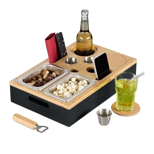 Produktbild: Relaxdays Couchbar, Bambus, 2X Edelstahlschale, Getränke- & Weinglashalter, 3X Dipschalen, Couchorganizer, schwarz/Natur