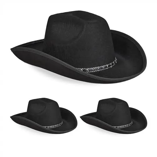 Produktbild: Relaxdays Cowboyhut, 3er Set, Westernhut, Damen & Herren, im Westernstyle, Fasching, Karneval, für Erwachsene, schwarz