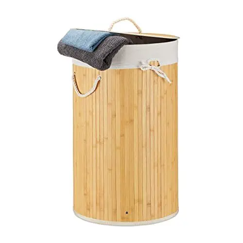 Produktbild: Relaxdays, Creme Wäschekorb Bambus, Faltbare Wäschetonne mit Deckel, Volumen 70 l, Wäschesack Baumwolle, rund Ø 41 cm, 10019051_550