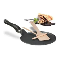 Produktbild: Relaxdays Crêpepfanne mit Teigverteiler & Holzspatel, induktionsgeeignet, Aluminium, Pfannkuchenpfanne, Ø 25 cm, schwarz